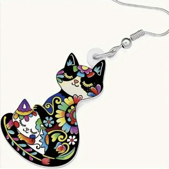 Colorful Folk Art Cat Earrings Acrylic Floral Boho Dangle NWT - Picture 2 of 6
